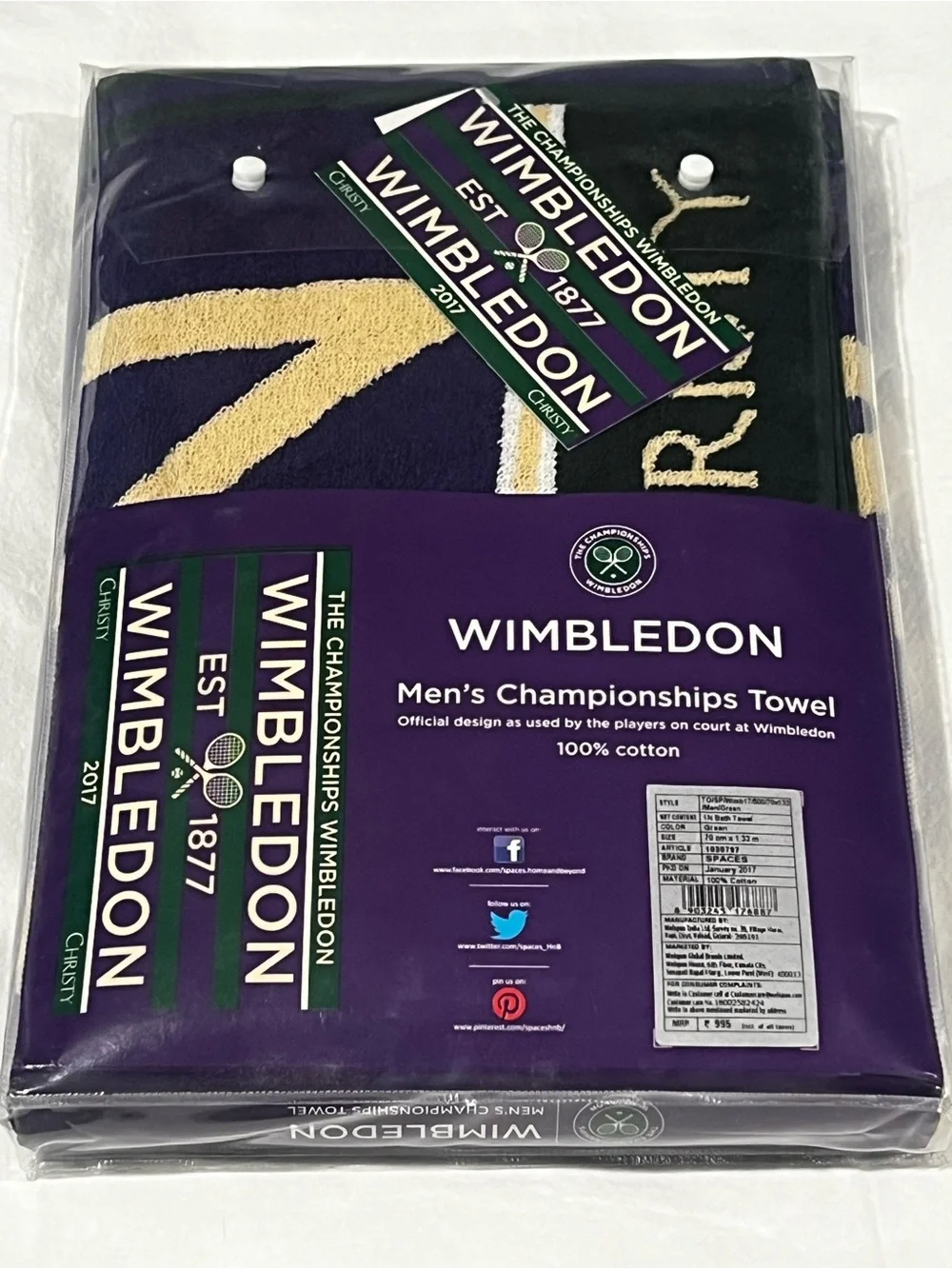 Wimbledon Men's Championship Towel in Purple & Black 2017